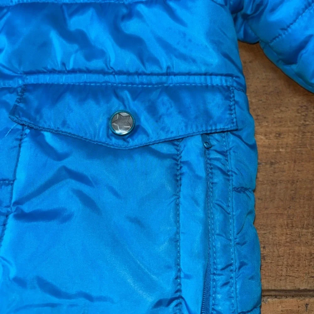 Disney Mickey Mouse Kids Blue Puffer Coat Patches Full Zip Hooded Size 4